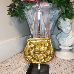 Vintage Beaded & Sequinned Sparkly Gold Lame´ Evening Bag Made In Hong Kong